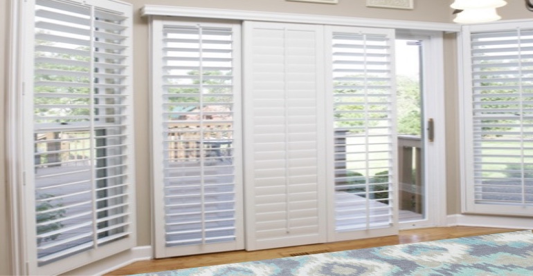 [Polywood|Plantation|Interior ]211] shutters on a sliding glass door in Southern California